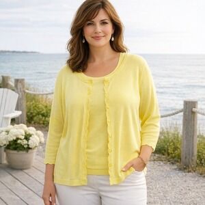 Talbots Twin Set Sweater 2XP Petite Yellow Scalloped Cardigan Sleeveless Tank